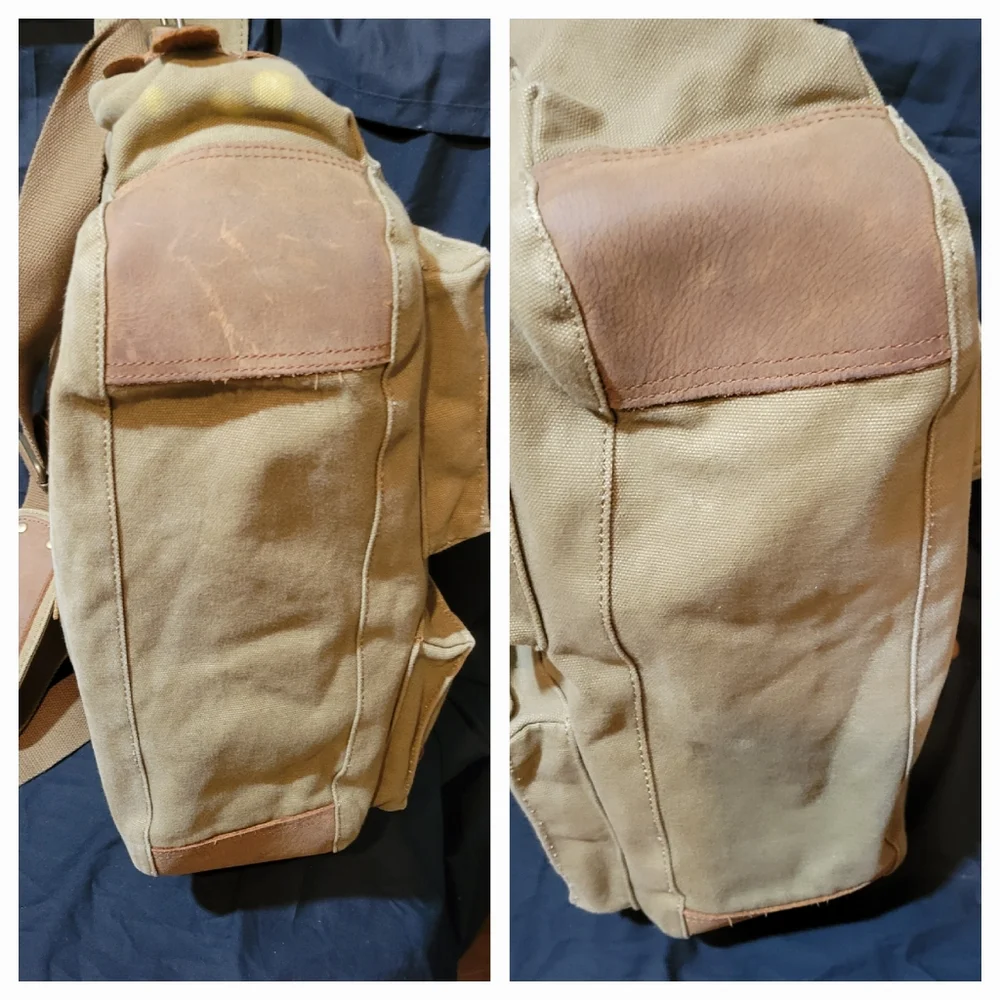 S.C. COTTON Tough Canvas Messenger Shoulder Bag Tan w/Brown Leather Accents
